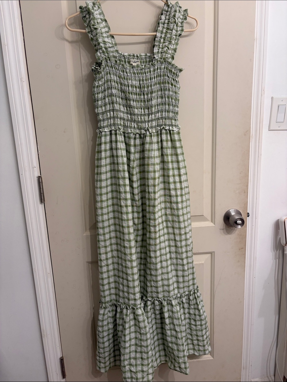 Max Studio Green Gingham Smocked Maxi Dress with Ruffle Straps